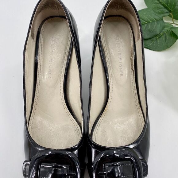 Etienne Aigner Black Patent Leather Peep Toe Pumps With Buckles Size 6.5 - Picture 4 of 8